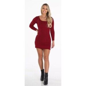 NVGTN Size XL Red Ribbed Stretch Mini Dress Long Sleeve Side Slits‎ EUC #T10-1